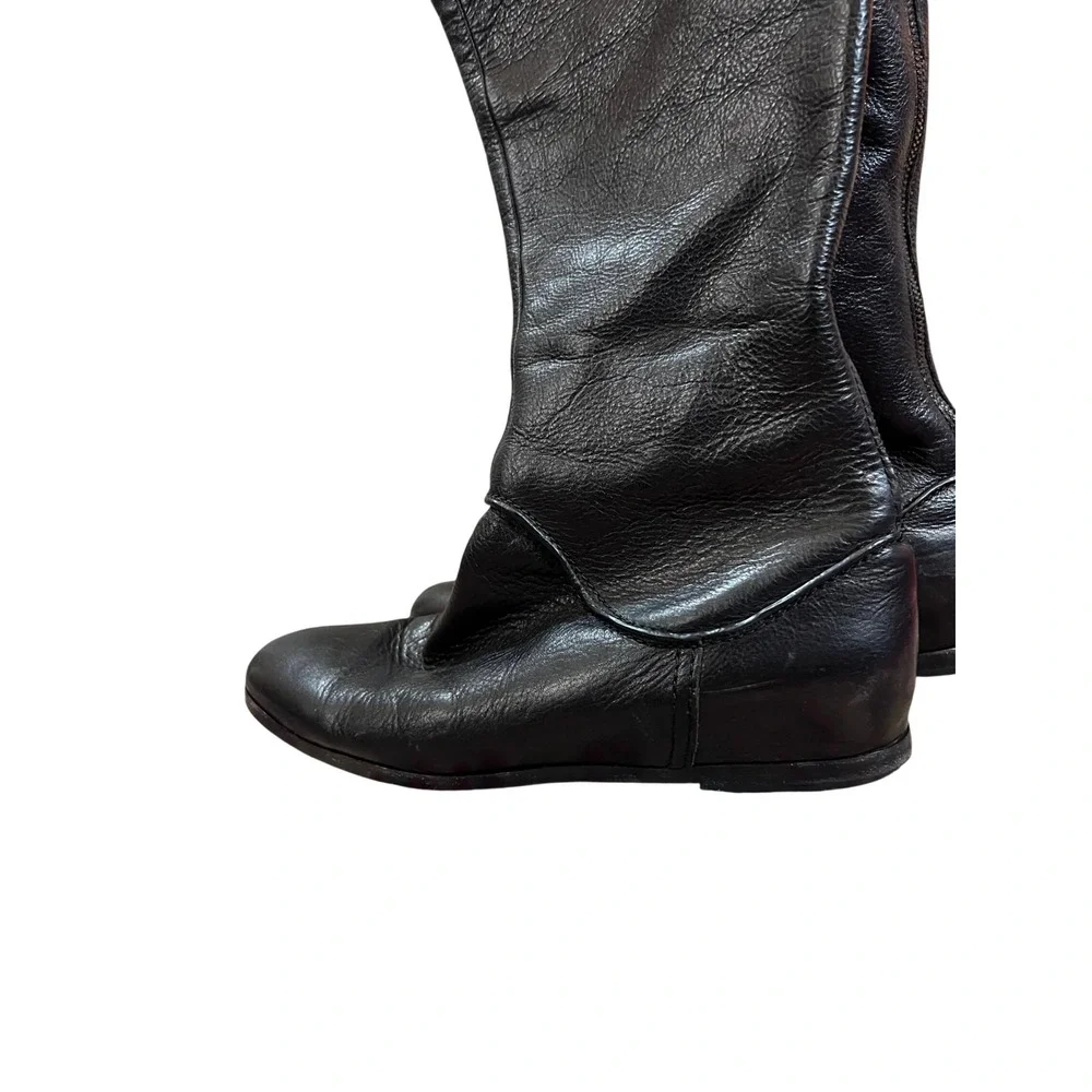 Via Spiga Black Leather Knee High Boots Zip Back Wedge‎ Heel Womens Size 8